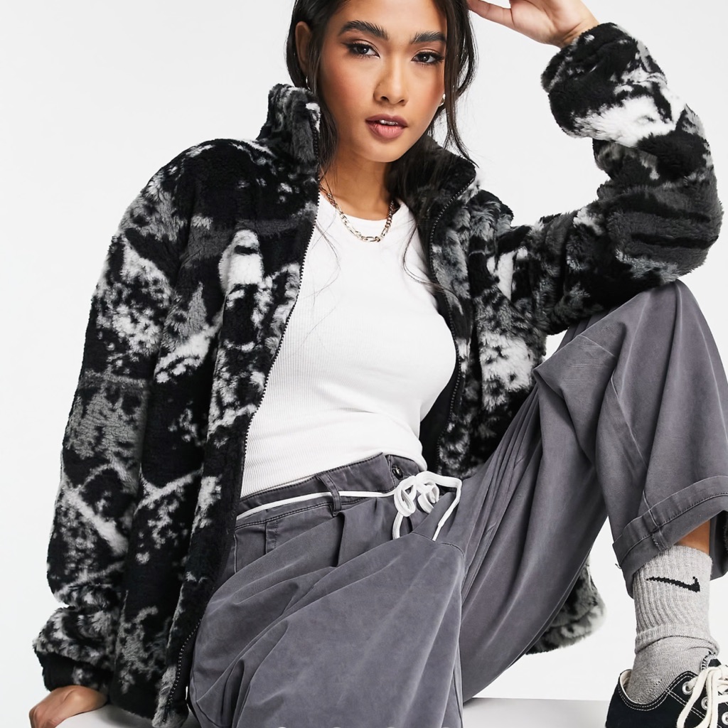 Carhartt Wip Alpine Print Fleece Jacket Black White Front Zip Aprs Ski-Large